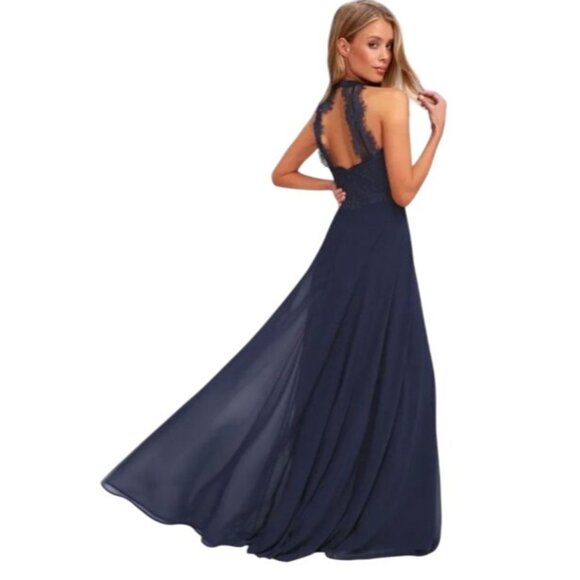 Lulus Dance All Evening Navy Blue Lace Open-Back Maxi Dress Size‎ L - Picture 2 of 14